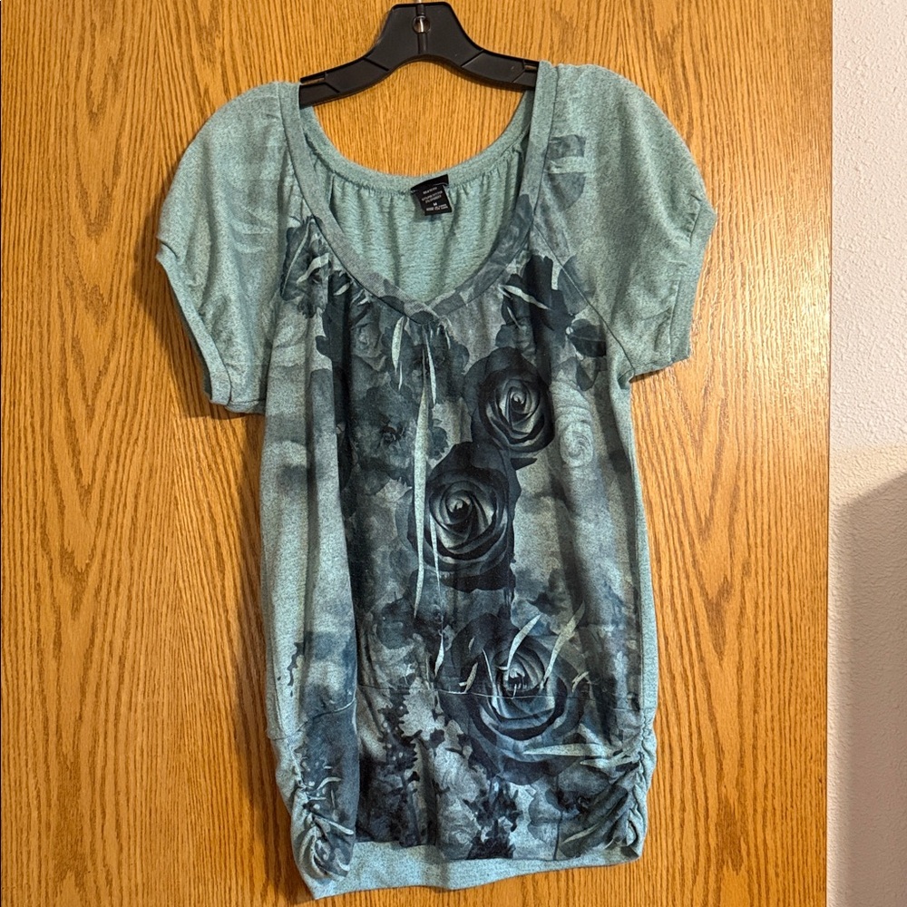 Vanity Teal and Black Floral Blouse
